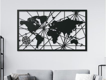 Obraz Mapa sveta s kompasom na stenu (Farba obrazu Sivá, Rozmer obrazu 26,5 x 45,5 cm)
